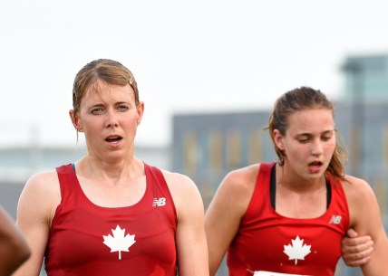 Donna Vakalis (left) and Hillary Elliot in the modern pentathlon at Pan Am Games (COC Photo by Jason Tse).