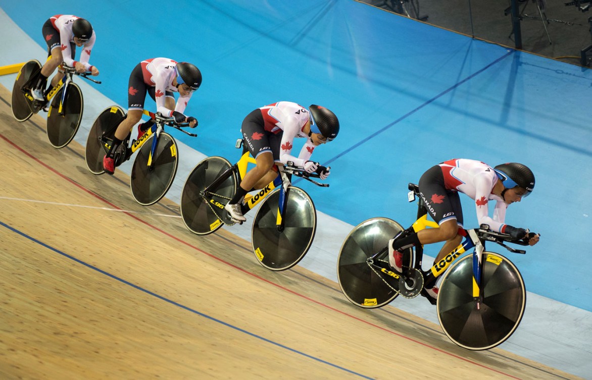 Canada took gold over the USA in the Toronto 2015 women's team pursuit final. (Photo: Jason Ransom)