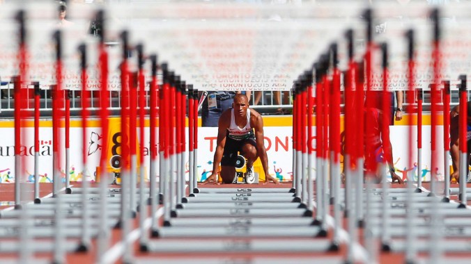 Damian Warner preparing for the 110m hurdles as part of the decathlon on July 23, 2015 in Toronto at the Pan Am Games.