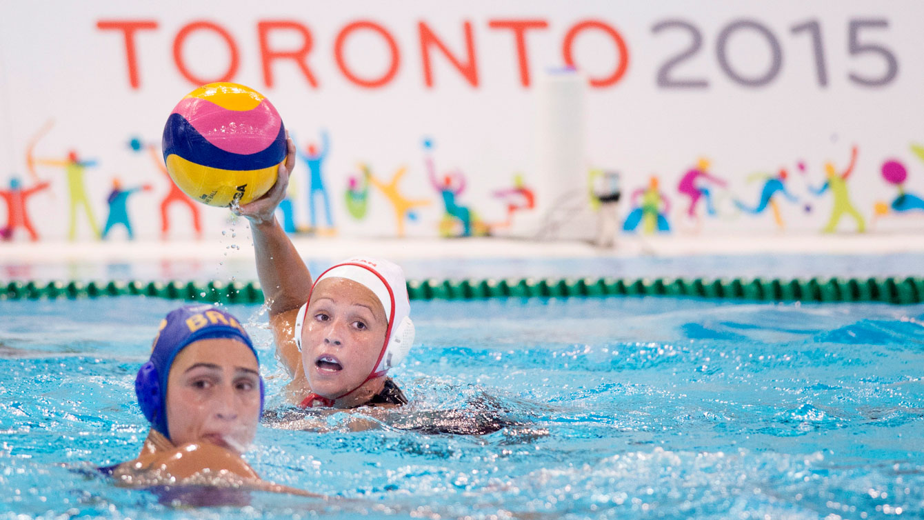 Shae Fournier of Canada (right) looks to pass during a Pan Am Games match against Brazil on July 7, 2015. 