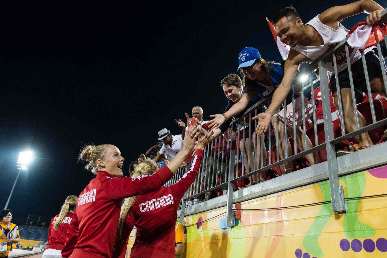 Canada women's 4x400m team after receiving the bronze medal at 2015 Pan American Games in Toronto, Canada (COC Photo by Winston Chow).
