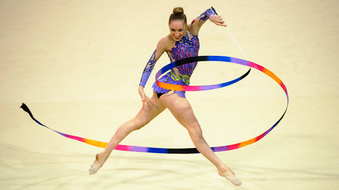 Carmen Whelan performs her rhythmic gymnastics ribbon routine in the women's individual all-around at the Pan Am Games in Toronto