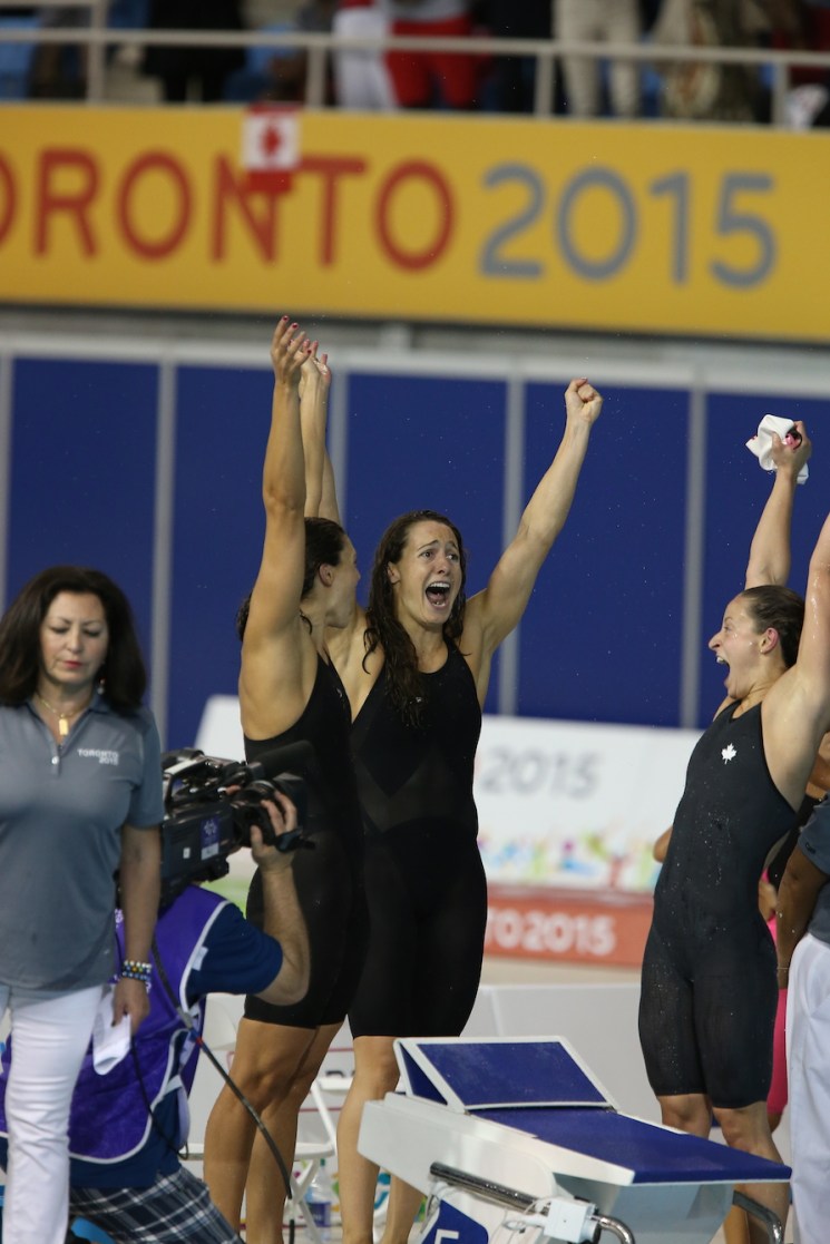 Chantal Van Landeghem, Katerine Savard, Michelle Williams and Sandrine Mainville won the women's 4x100m freestyle relay.