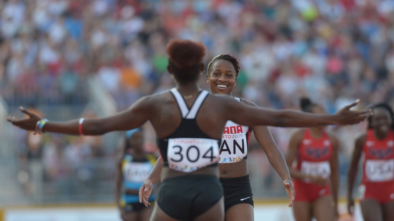 Canadian women's 4x100m team relay members celebrate after Pan Am Games bronze on July 25, 2015. 