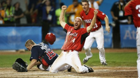 Peter Orr Peter Orr celebrates the gold medal-winning run in Pan Am Games men's baseball at Toronto 2015.