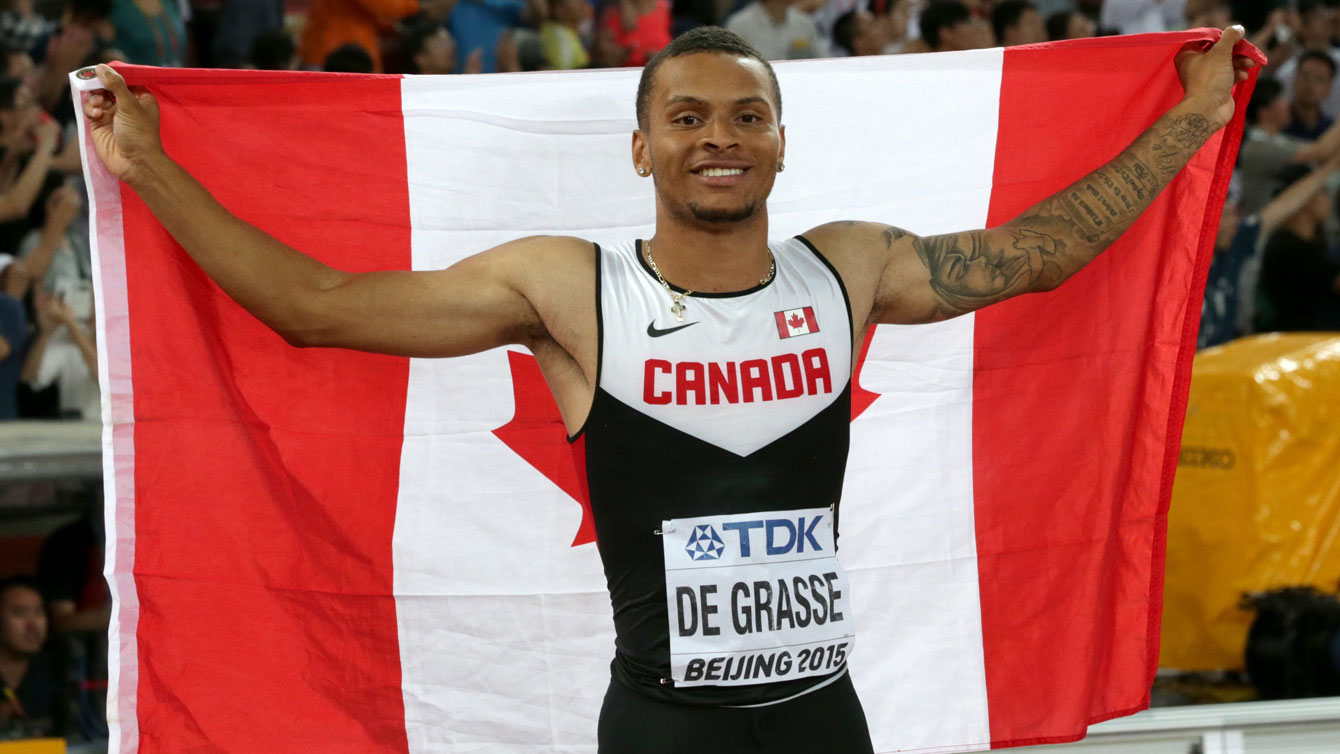 Andre De Grasse at Beijing 2015 after winning World Championship bronze in the men's 100m final on August 23, 2015.