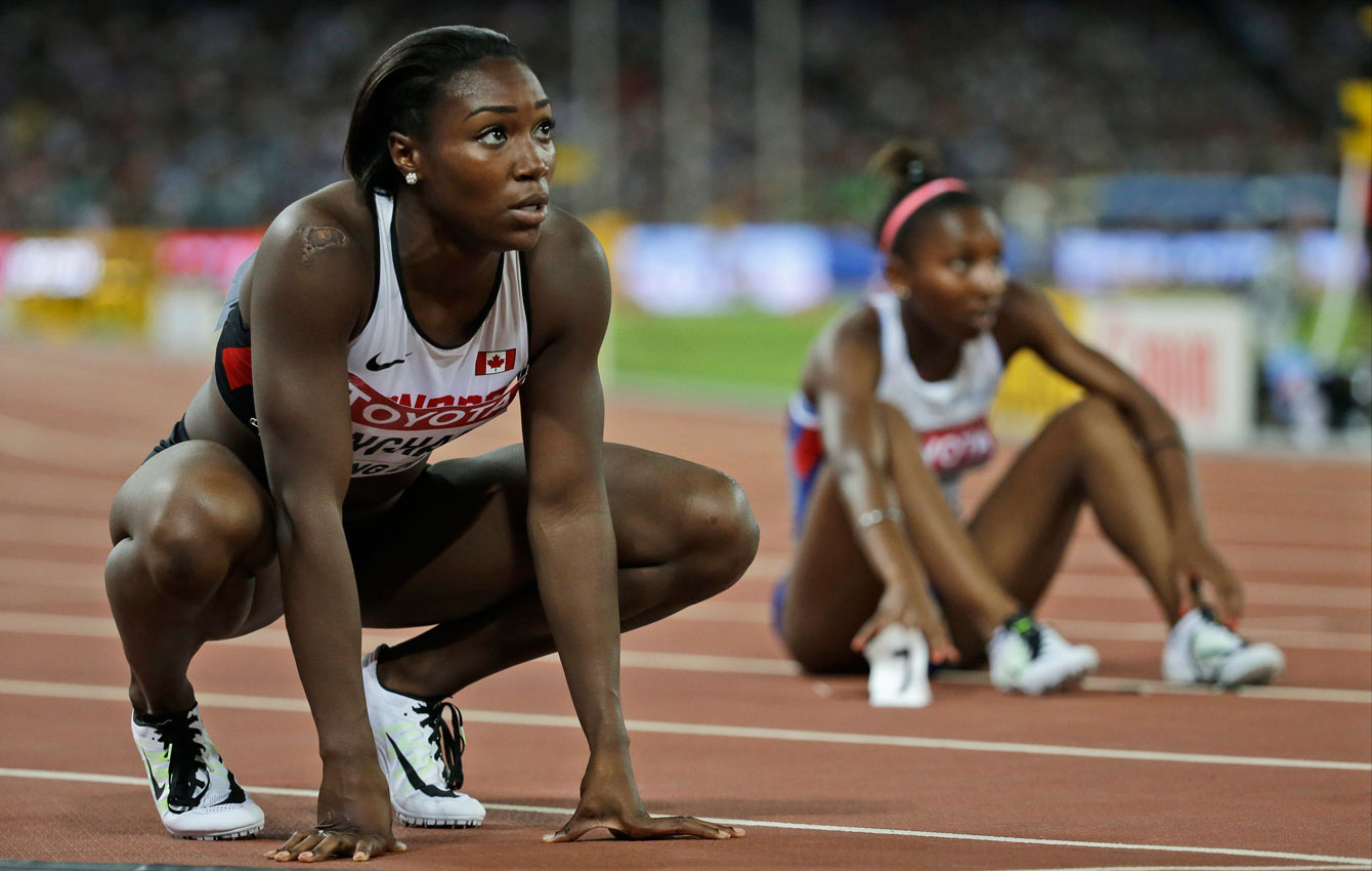 Khamica Bingham looks up for her time after running the 200m heats at the IAAF World Championships in Athletics in Beijing, China on August 26, 2015.