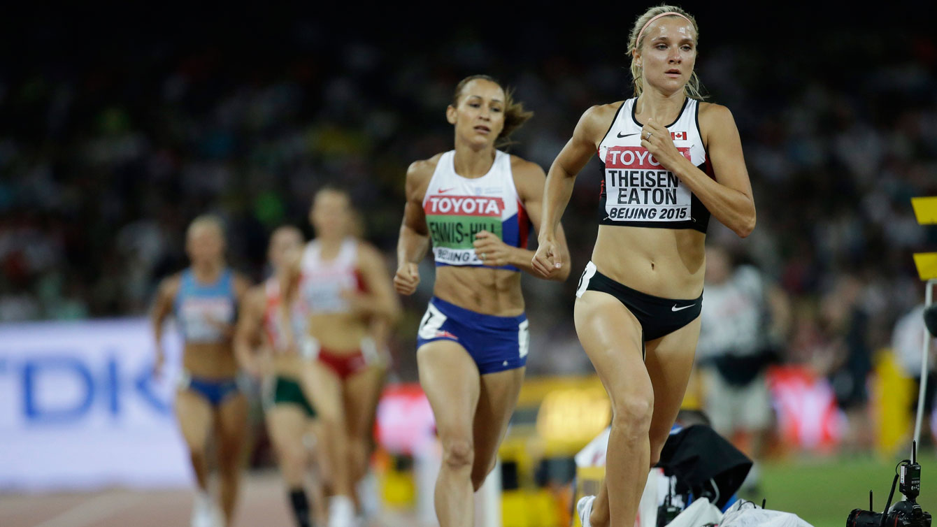 Heptathlete Brianne Theisen-Eaton in the 800m at the 2015 IAAF World Championships in Athletics on August 23, 2015 in Beijing. 