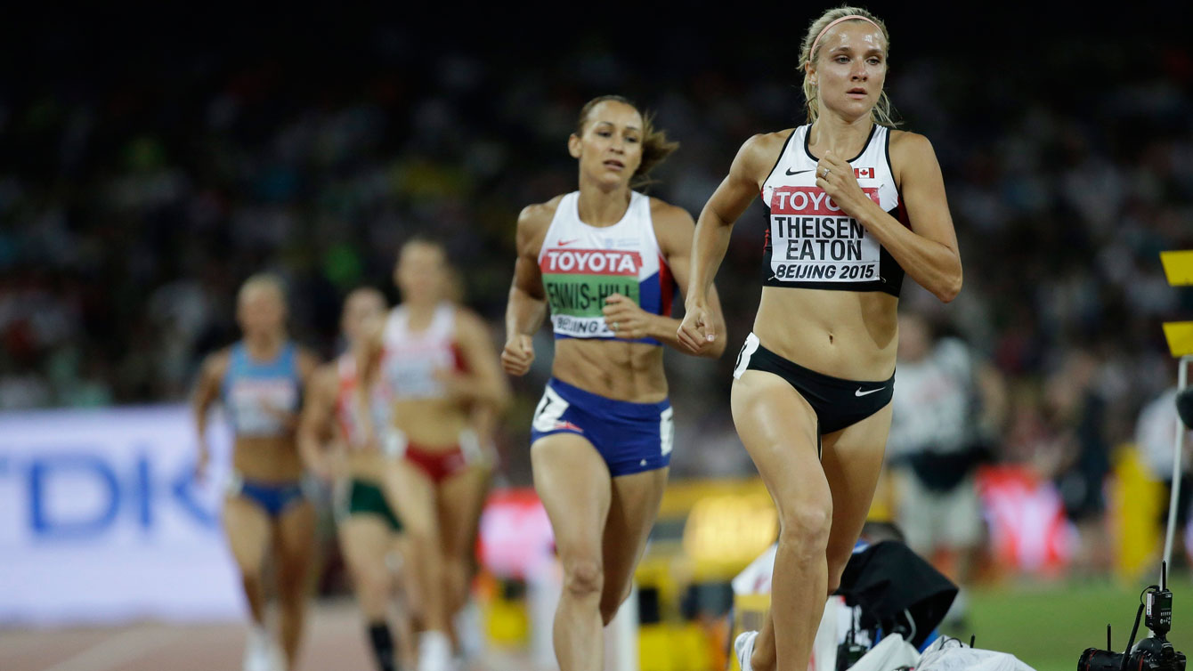 Heptathlete Brianne Theisen-Eaton in the 800m at the 2015 IAAF World Championships in Athletics on August 23, 2015 in Beijing.