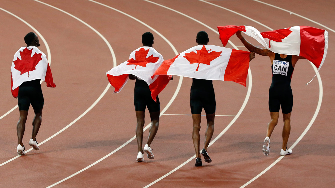 Canadians of the men's 4x100m relay after being awarded the bronze at the world championships in Beijing on August 29, 2015.