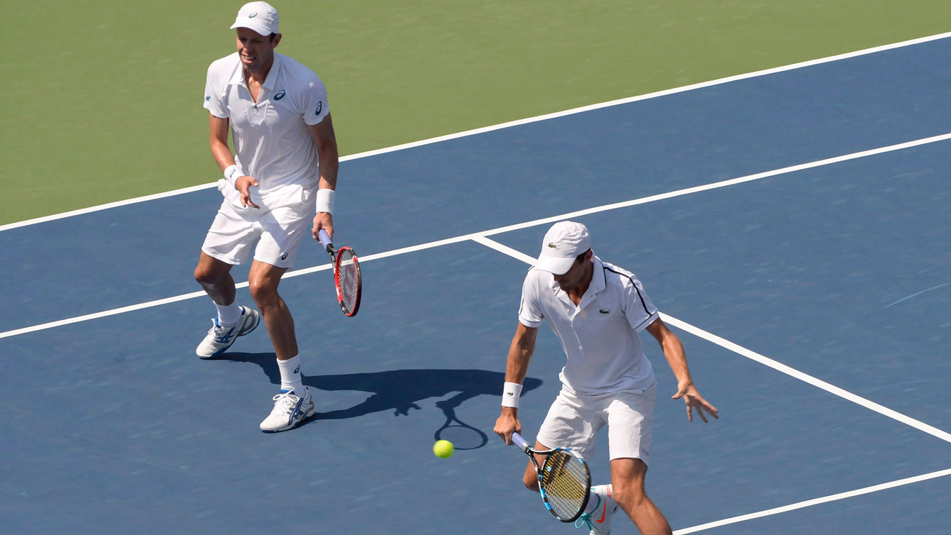 Daniel Nestor (left) with partner Edouard Roger-Vasselin at the Rogers Cup in Montreal on August 16, 2015. 