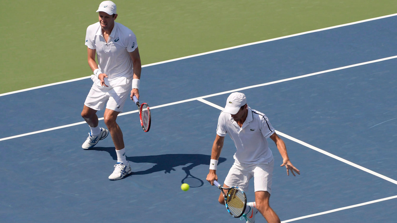 Daniel Nestor (left) with partner Edouard Roger-Vasselin at the Rogers Cup in Montreal on August 16, 2015.