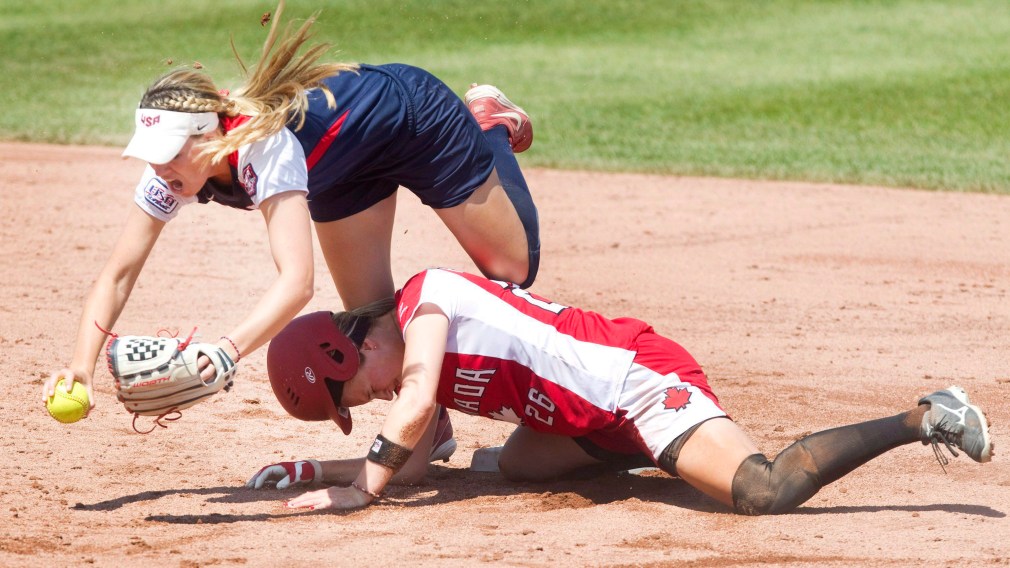 United States shortstop Kellie Fox gets the force out at second base on Canadian Larissa Franklin