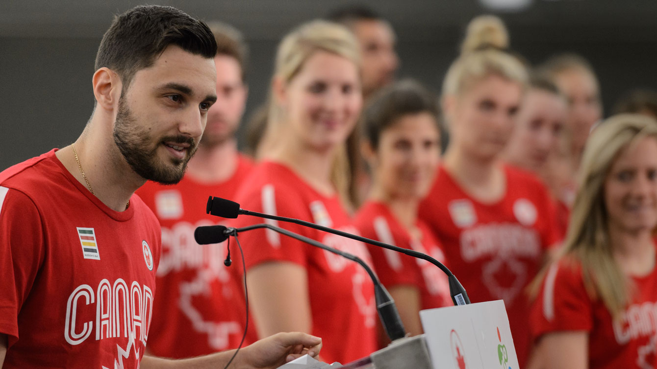 Team Canada fencer Joseph Polossifakis speaks at a Pan Am Games team event in Montreal ahead of Toronto 2015. 