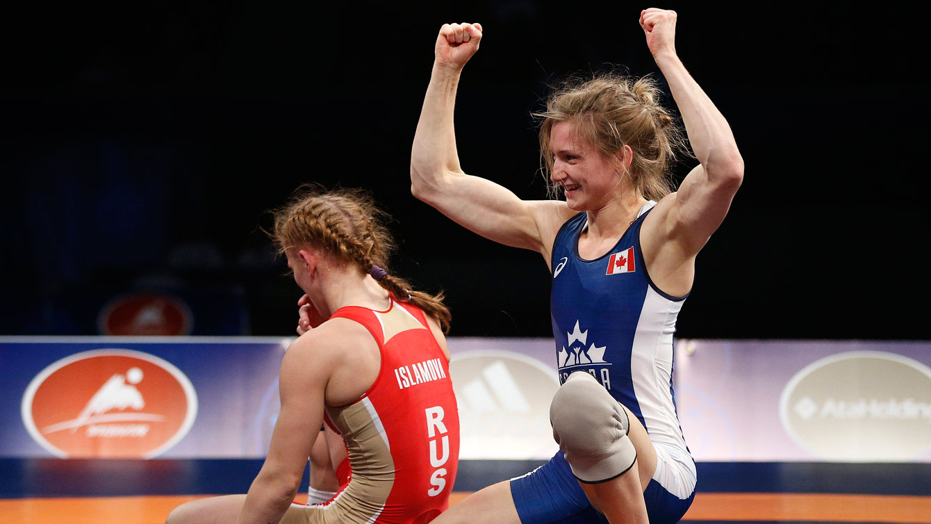 Genevieve Morrison celebrates winning bronze at the 2015 Wrestling World Championships in Las Vegas on September 9, 2015.