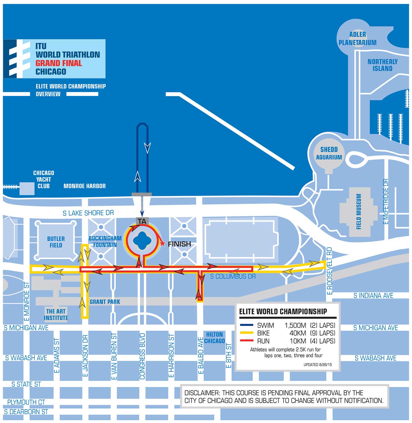 The Chicago course is almost entirely in Grant Park, except for the swim of course. (Map: ITU)
