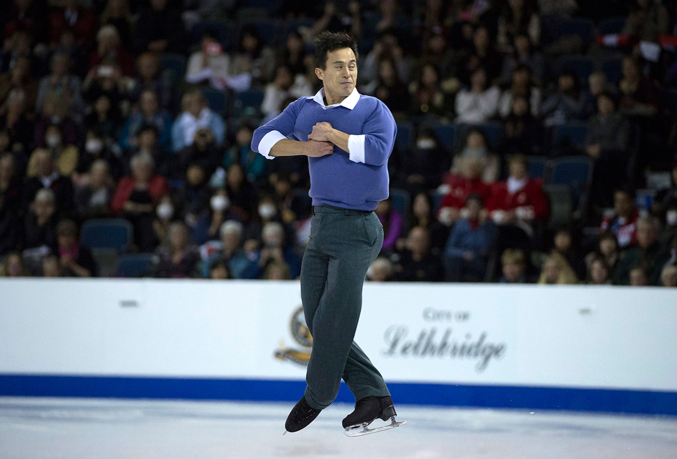 Patrick Chan performs an element during his short program at Skate Canada International in Lethbridge, Alberta on October 30, 2015. 