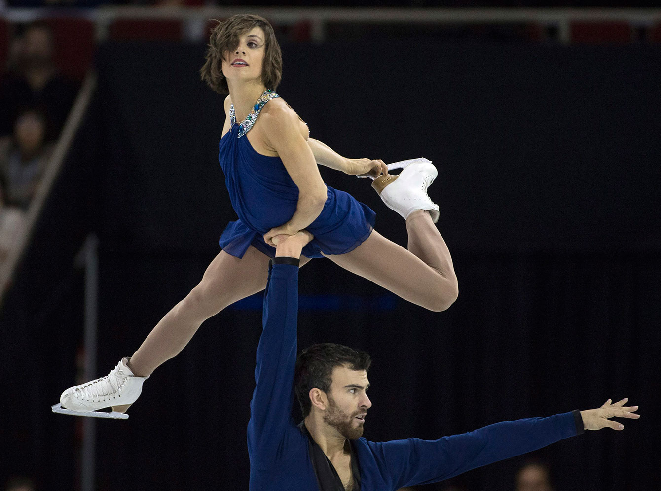 Meagan Duhamel and Eric Radford during their pairs free program at Skate Canada International on October 31, 2015.