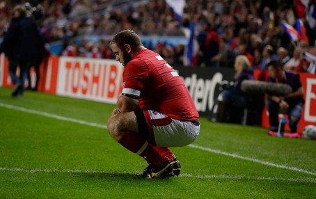Canada's Doug Wooldridge looks down after France scores a second try during the Rugby World Cup Pool D match between France and Canada at Milton Keynes, England, Thursday, Oct. 1, 2015. (AP Photo/Matt Dunham)