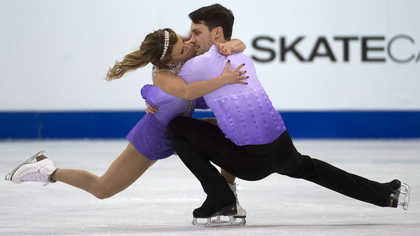 Kirsten Moore-Towers and Michael Marinaro during their pairs free program at Skate Canada International on October 31, 2015.
