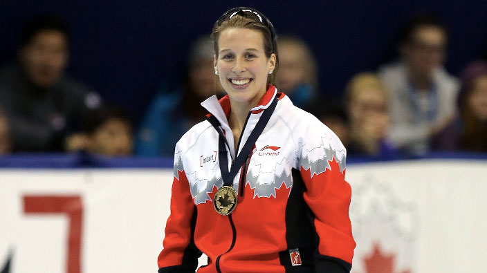 Marianne St. Gelais with her World Cup gold medal in women's 500m on Sunday, November 1 in Montreal (Photo: Greg Kolz). 