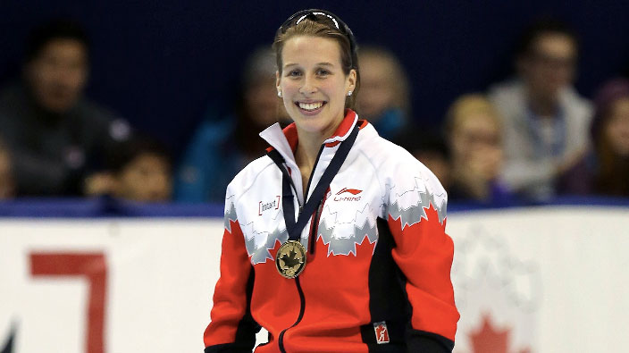 Marianne St. Gelais with her World Cup gold medal in women's 500m on Sunday, November 1 in Montreal (Photo: Greg Kolz).