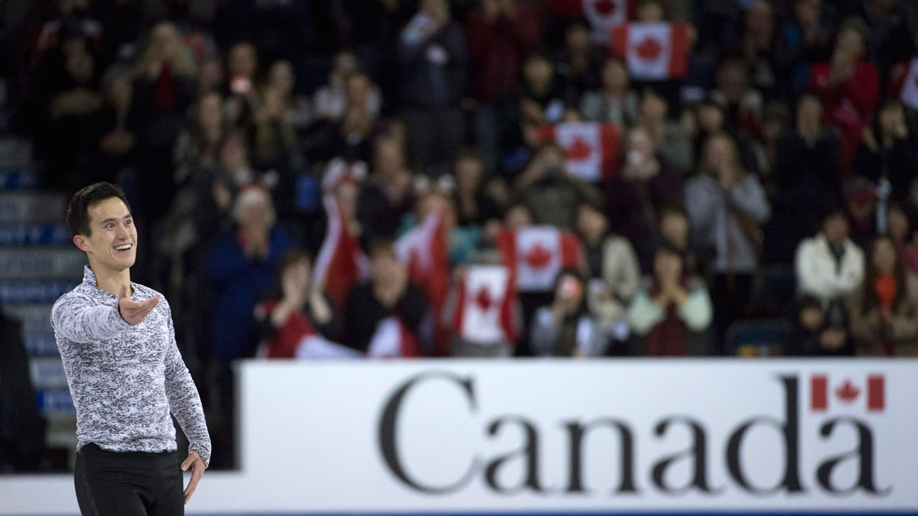 Patrick Chan acknowledges the crowd following his free skate in Lethbridge on October 31, 2015 near the conclusion of Skate Canada International.