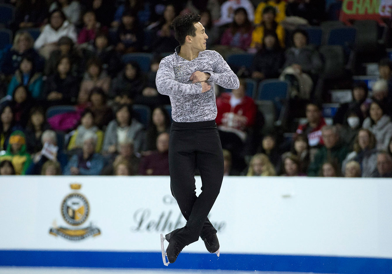 Patrick Chan delivers one of his elements during the free skate in Lethbridge, on way to winning Skate Canada International on October 31, 2015.