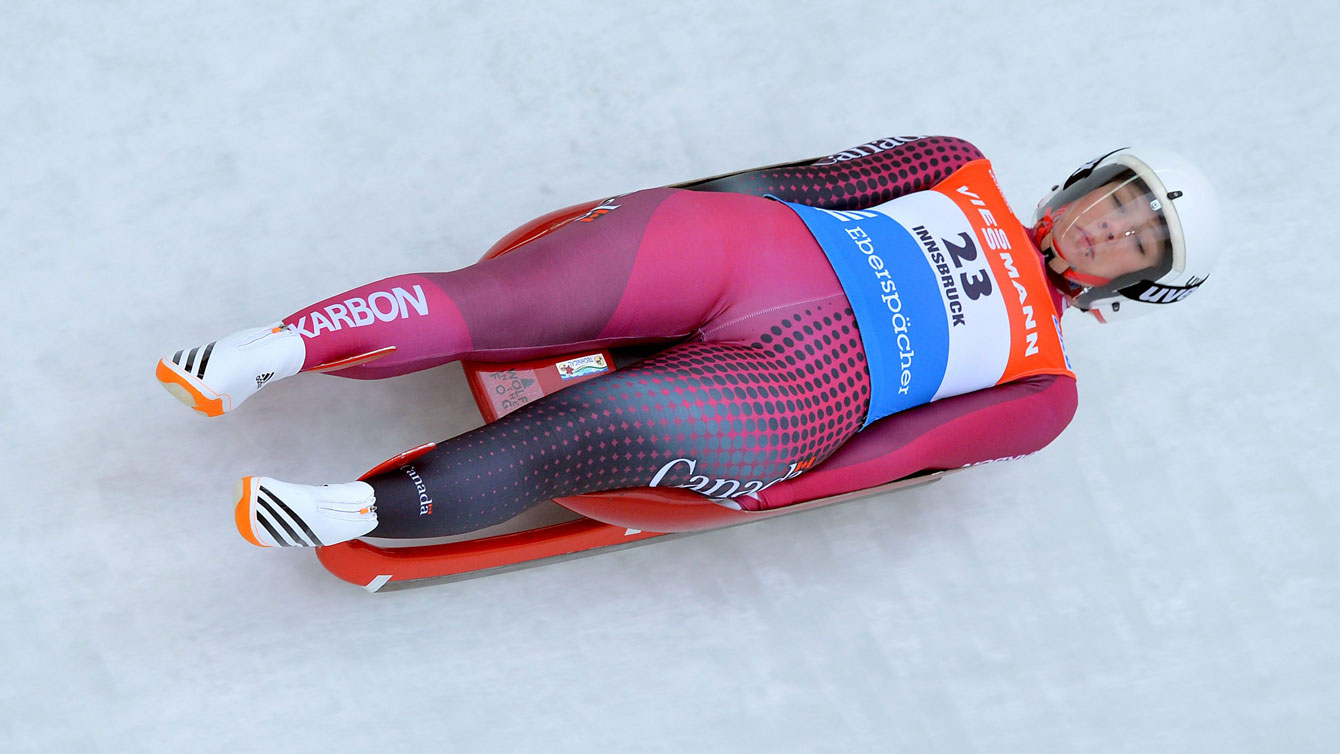 Alex Gough slides down the track during one of her two runs in Igls, Austria near Innsbruck, at the FIL Luge World Cup on November 28, 2015.