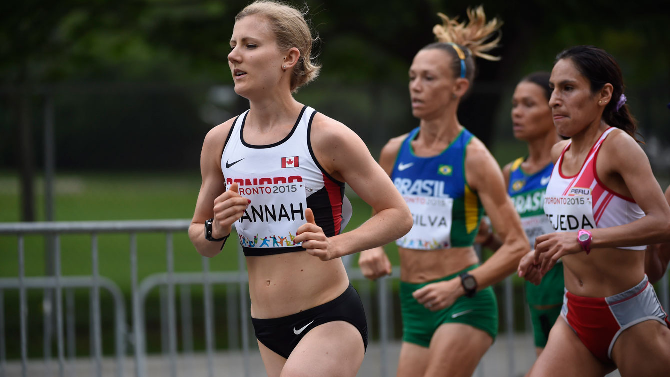 Rachel Hannah in the Toronto Pan Am Games women's marathon on July 18, 2015. Hannah finished fourth on the day, but was upgraded to bronze due to a doping disqualification to Gladys Tejada of Peru. 