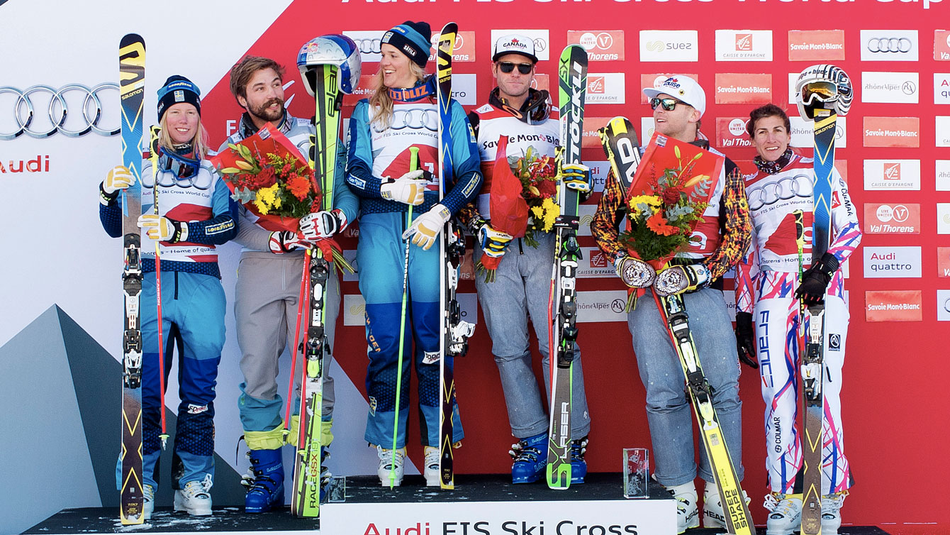 Chris Del Bosco (third from right) and Brady Leman (second from right) take first and third World Cup podium places in Val Thorens, France on December 11, 2015 (Photo: GEPA Pictures for FIS).