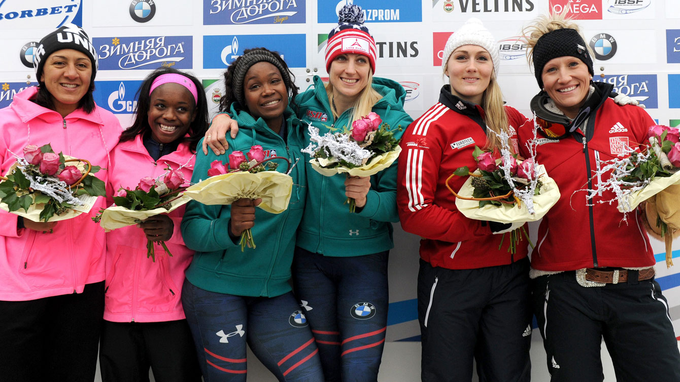 Kaillie Humphries (far right in photo) with Melissa Lotholz next to her on the 2015-16 World Cup podium in Winterberg, Germany on December 5, 2015.