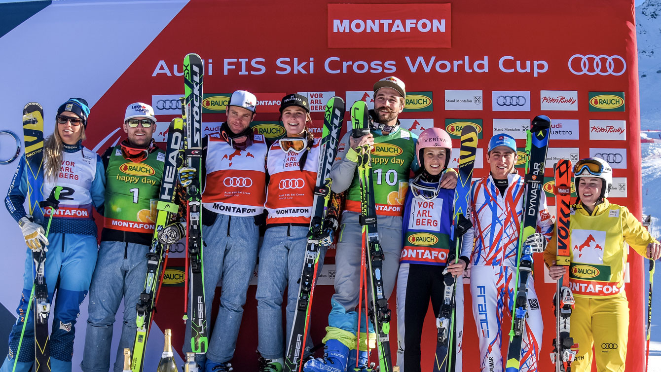 Starting second from left, Brady Leman, Chris Del Bosco and Marielle Thompson (in order) stand on the World Cup podium in Montafon, Austria on December 5, 2015.