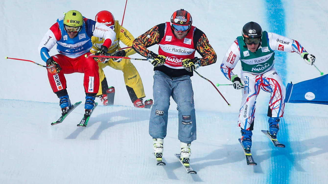 Brady Leman leads during the men's final at the World Cup ski cross event at Nakiska Ski resort in Kananaskis, Alta., Saturday, Jan. 23, 2016.