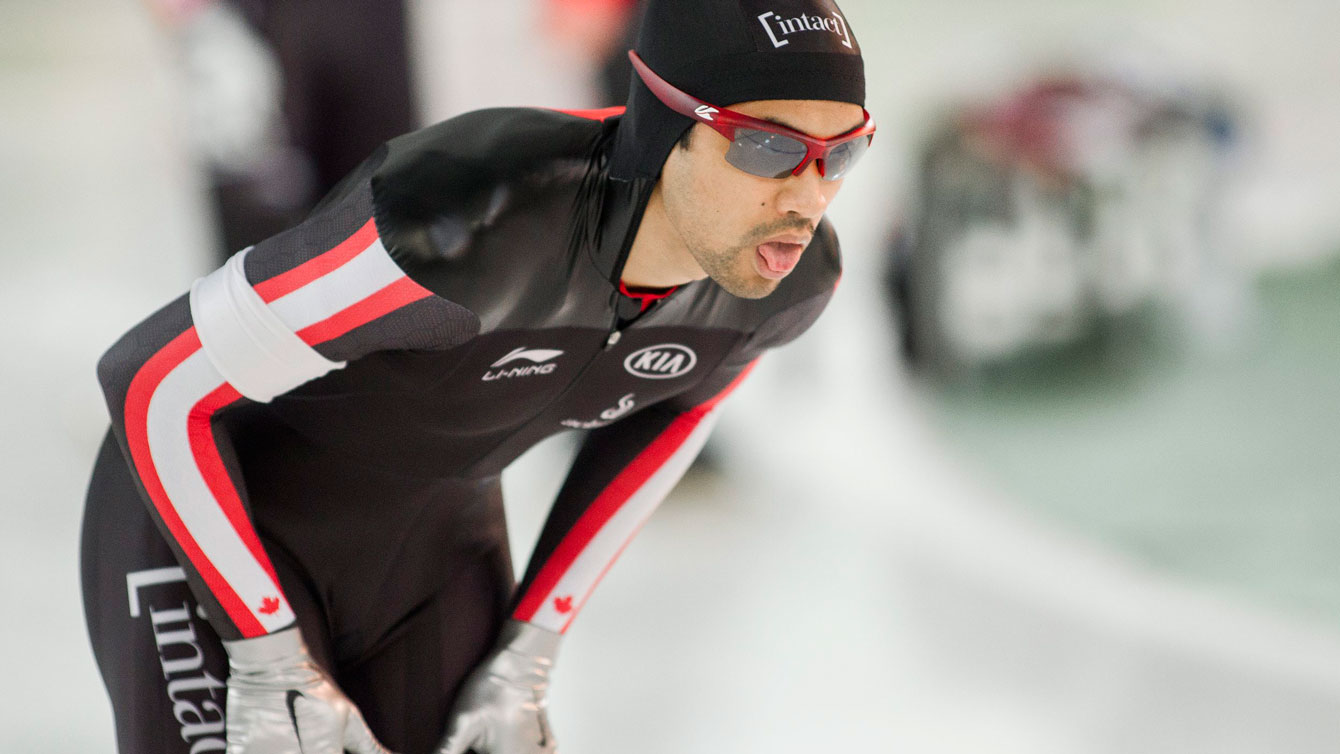 Gilmore Junio catches his breath after skating to a World Cup bronze in the 500m at Stavanger, Norway on January 31, 2016. 