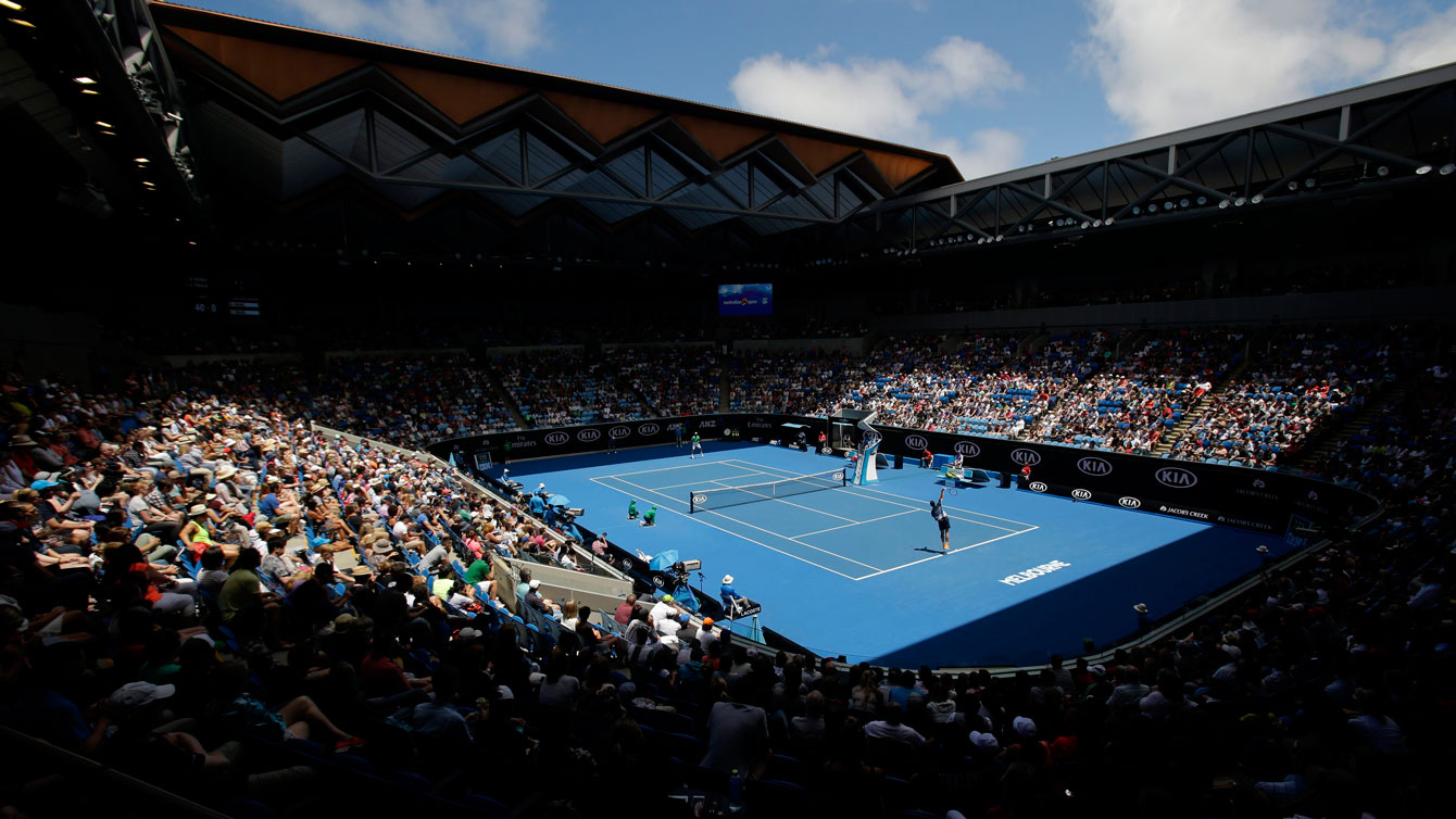 A wide view of the Margaret Court Arena where Milos Raonic was captured serving to Viktor Troicki at the Australian Open on January 23, 2016.