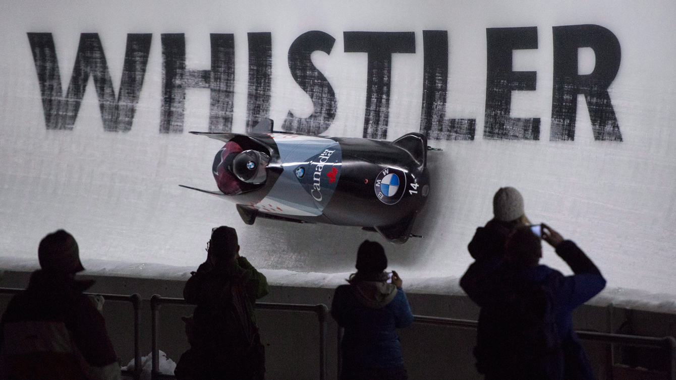 Chris Spring and Lascelles Brown of Canada during the first run of two-man bobsleigh at the IBSF World Cup in Whistler, B.C.
