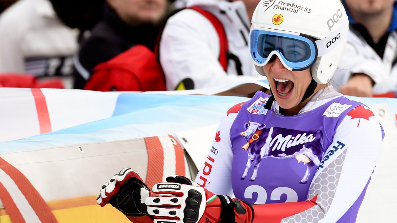 Larisa Yurkiw reacts to her finish following the World Cup downhill race in Altenmarkt, Austria on January 9, 2016. Yurkiw took silver behind Lindsay Vonn of the United States. 