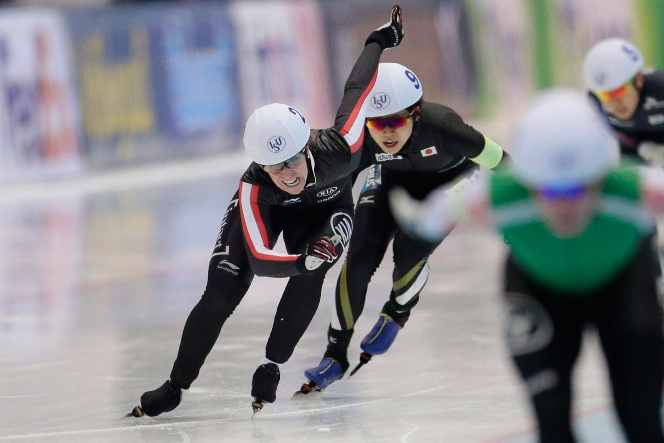 Ivanie Blondin, of Canada, finishes to win the women's mass start race of the World Single Distances Speed Skating Championships in Kolomna, Russia, on Sunday, Feb. 14, 2016. (AP Photo/Ivan Sekretarev)