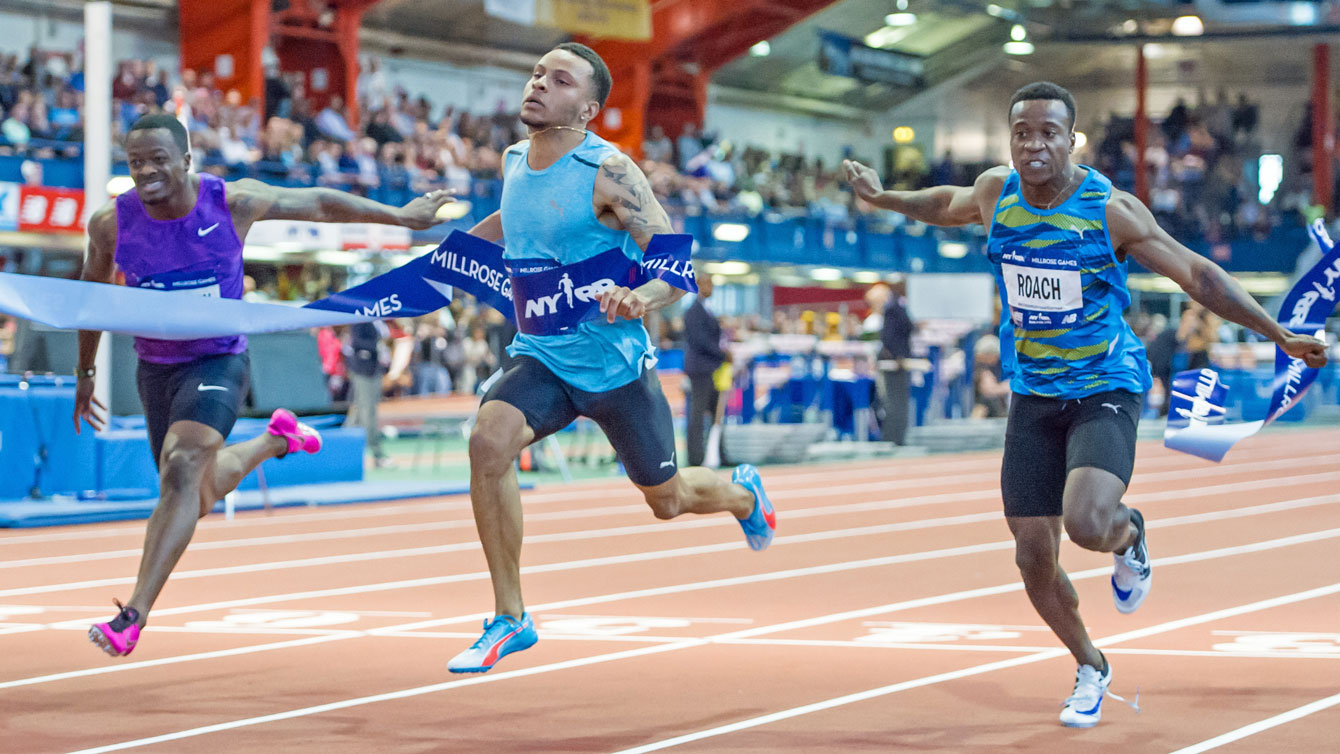 Andre De Grasse wins the 60m race at the 2016 Millrose Games in New York City on February 20, 2016 (Photo: Robert Lombardo). 