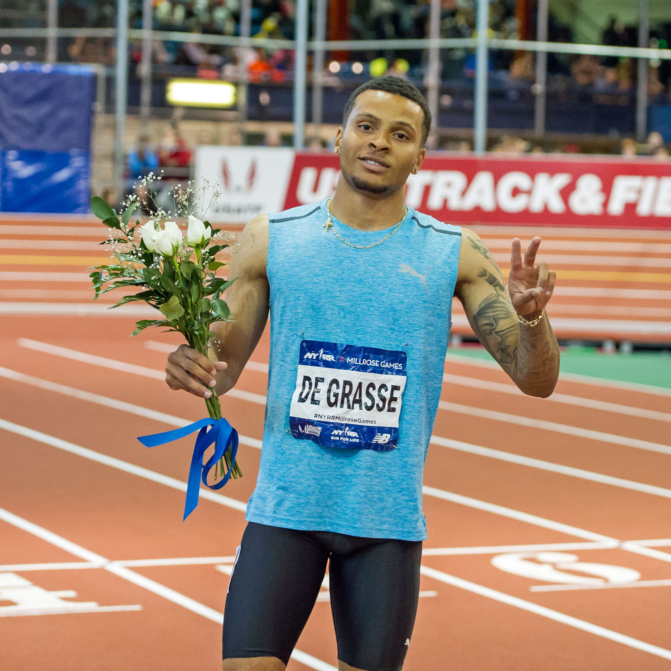 Andre De Grasse after winning the 60m race at the 2016 Millrose Games in New York City on February 20, 2016 (Photo: Robert Lombardo).