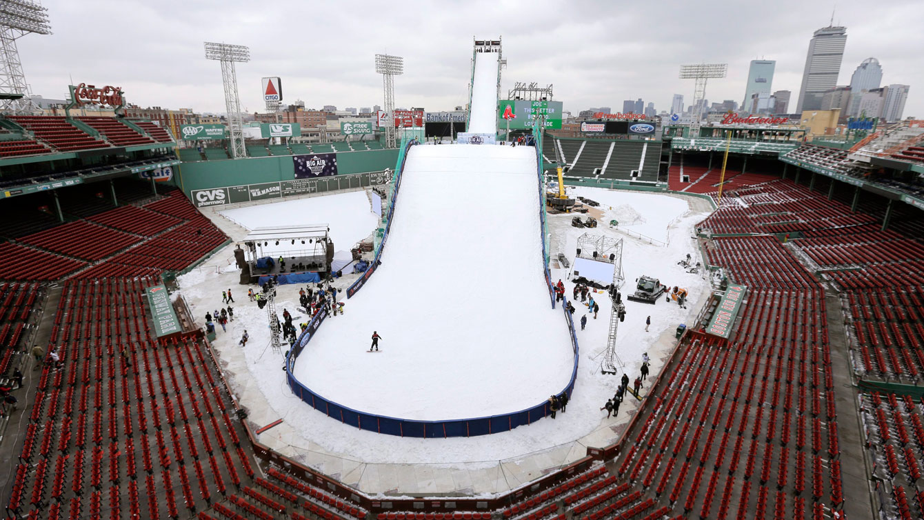 Fenway Park set up for the FIS snowboard and ski Big Air events on February 11, 2016. 