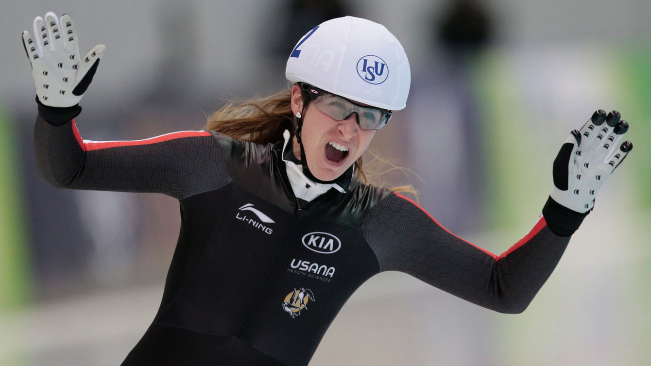 Ivanie Blondin celebrates winning the women's mass start World Championship on February 14, 2016.