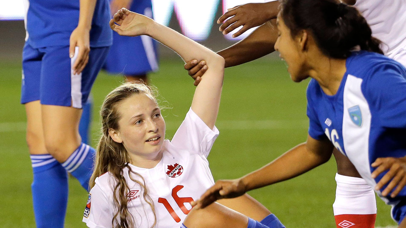 Gabrielle Carle celebrates her goal against Guatemala on February 16, 2016. 