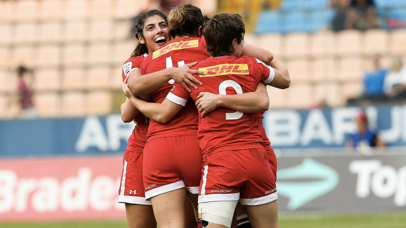 Canada celebrates beating New Zealand at World Rugby Sevens in Sao Paulo, Brazil on February 21, 2016 (Photo: FotoJump via World Rugby). 