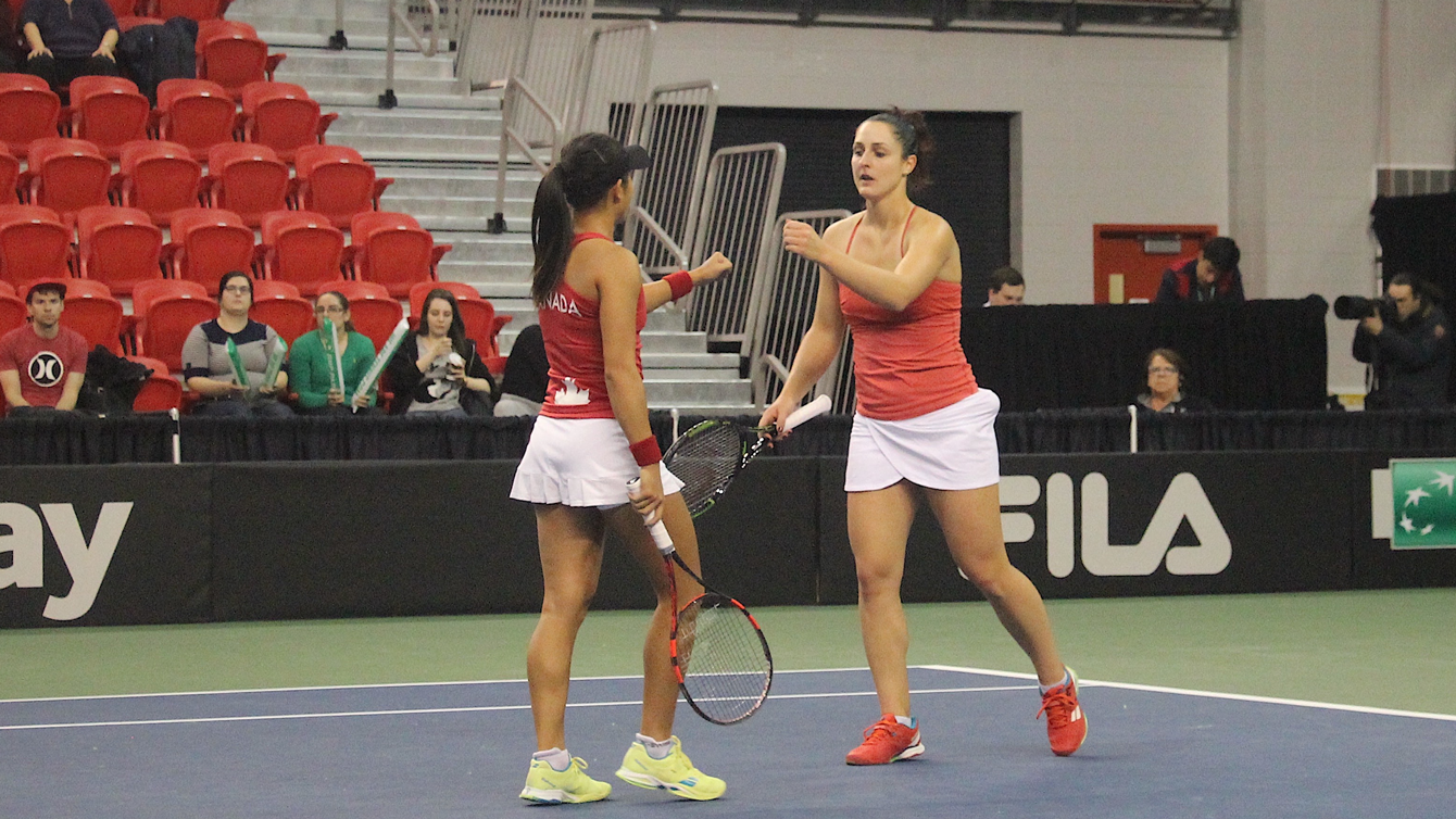 Carol Zhao (left) and Gabriela Dabrowski during their Fed Cup doubles match against Belarus in Quebec City on February 7, 2016. 