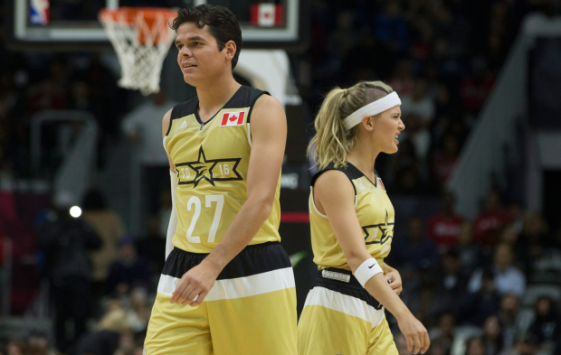 Eugenie Bouchard, Milos Raonic Eugenie Bouchard and Milos Raonic at the NBA All-Star celebrity game on February 12, 2016 in Toronto.