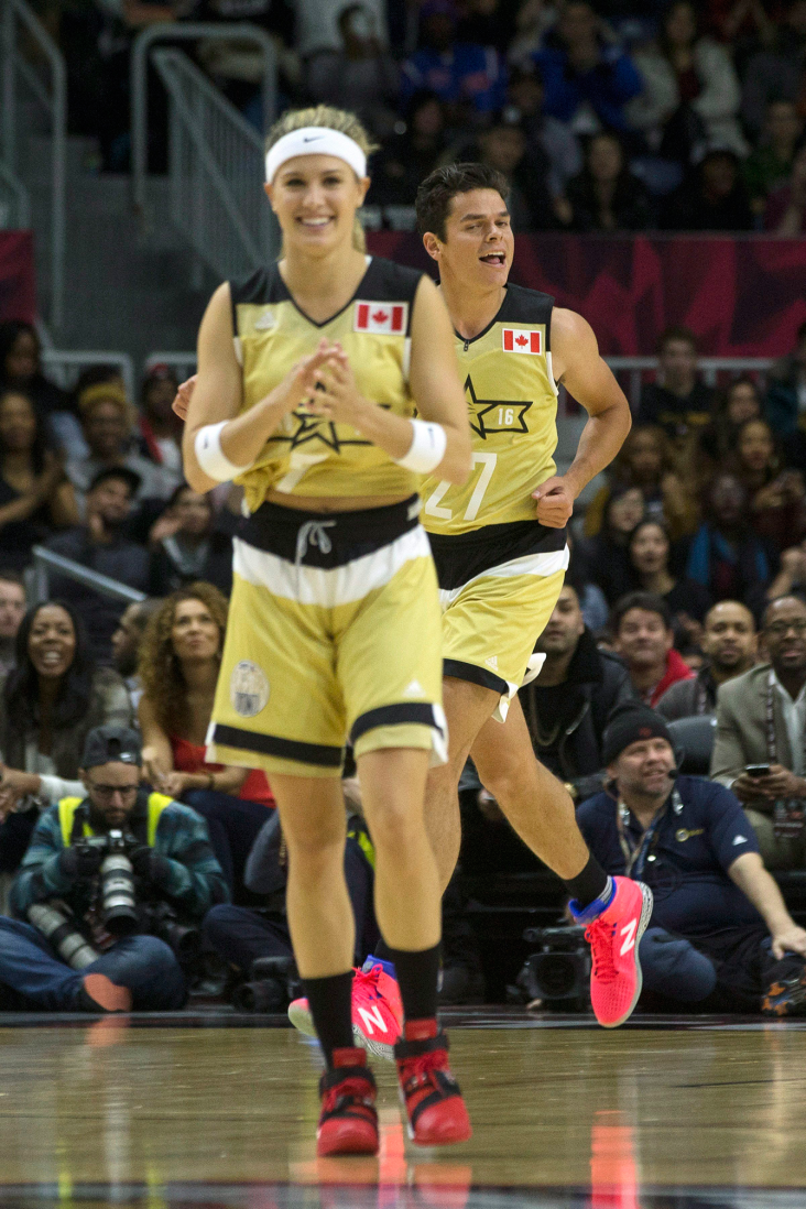 Eugenie Bouchard, Milos Raonic Eugenie Bouchard and Milos Raonic at the NBA All-Star celebrity game on February 12, 2016 in Toronto.