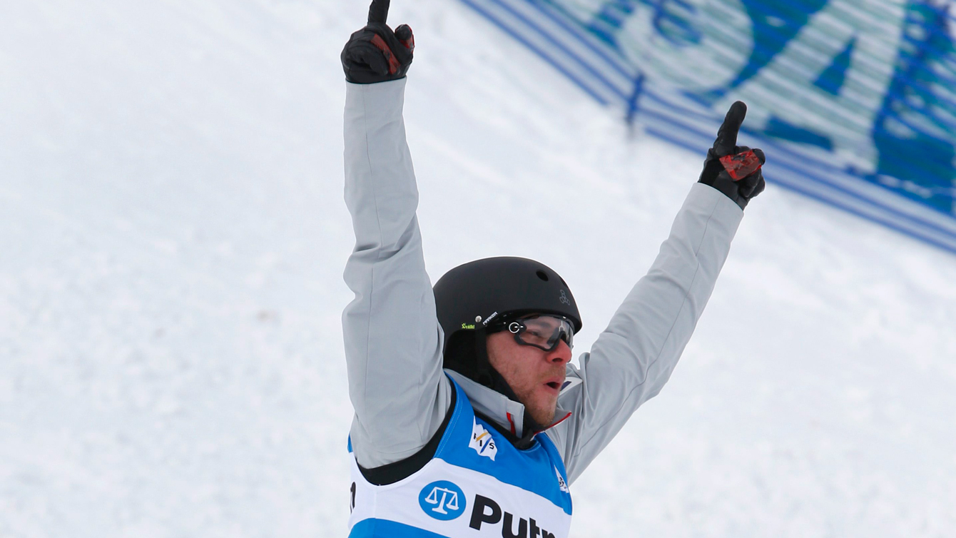 Olivier Rochon celebrates a second place finish in the men's aerial event during the FIS World Cup freestyle skiing competition Thursday, Feb. 4, 2016, in Deer Valley, Utah. (AP Photo/George Frey)