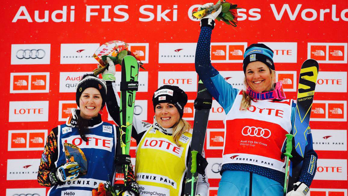 Kelsey Serwa celebrates a ski cross at the FIS World Cup in PyeongChang, Korea on February 28, 2016. Photo: (GEPA pictures/ Daniel Goetzhaber)